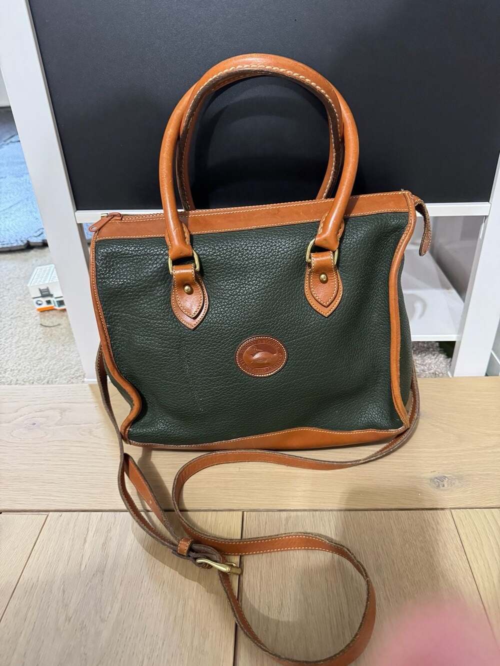 Vintage Dooney & Bourke All-Weather Leather Satchel Bag Green and Tan - Picture 2 of 15